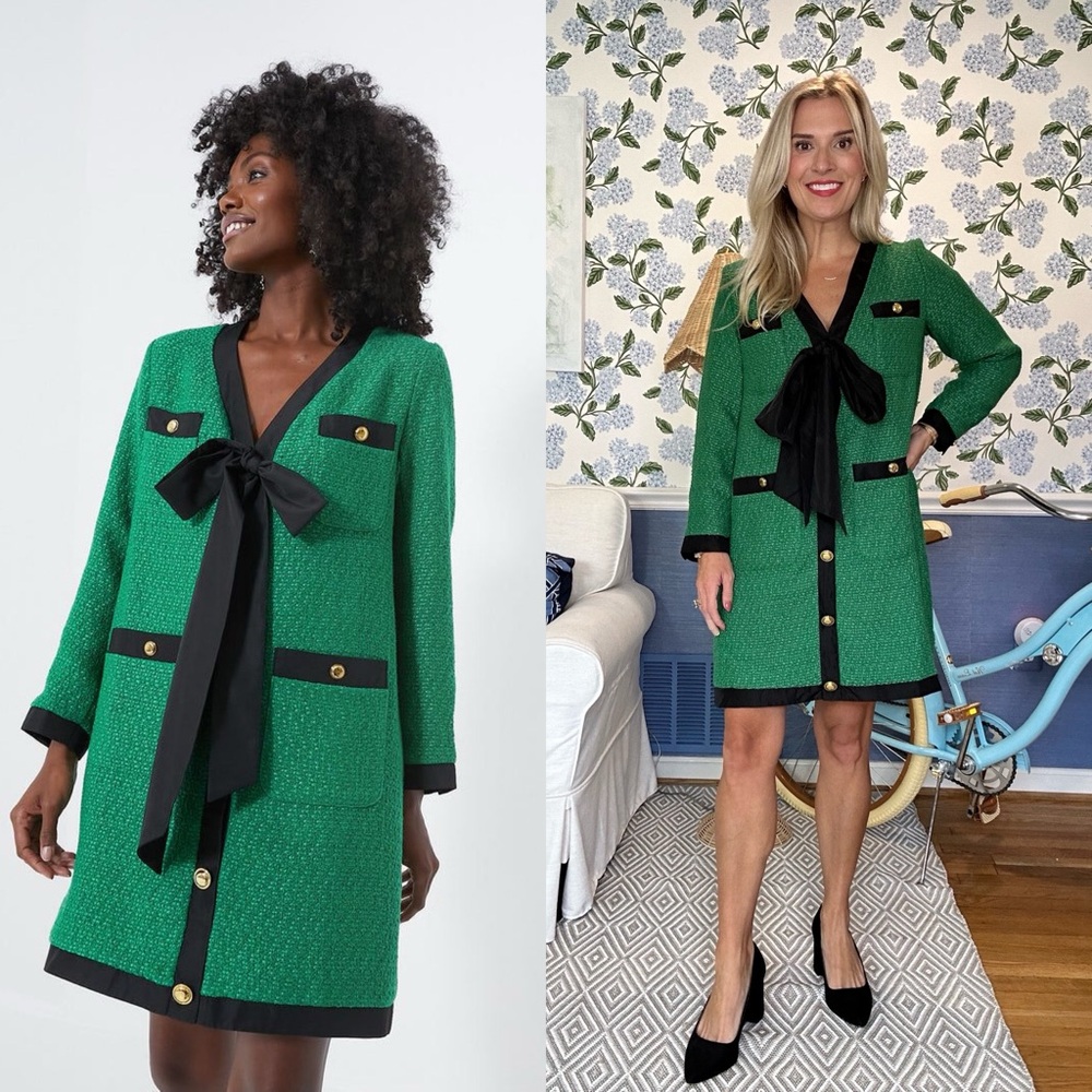 NWT Pomander Place Coco Tweed Green Black Buttoned Dress Tie Long Sleeve Small